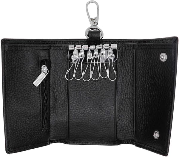Unisex Compact Leather Key Case Wallet Keychain Key Holder Ring with 6 Hanging Buckles Snap Button, Black