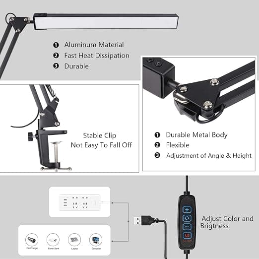 LED-skrivebordslampe - Svart Kraftig LED-skrivebordslampe med klemme - Øyebeskyttelse
