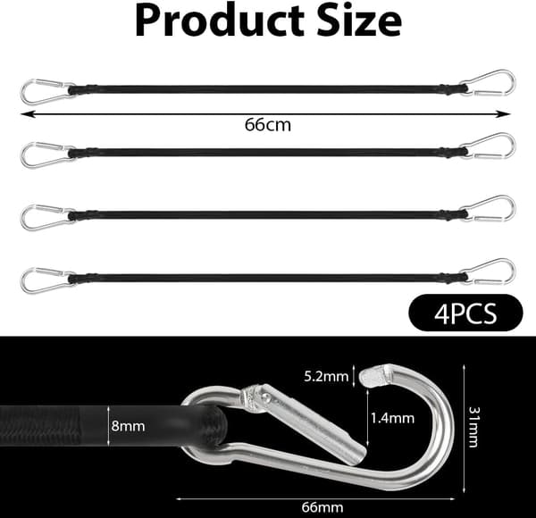 Expanderlina, 4 expanderlinjer med karabinhager, 60 cm, elastisk elastik til kufferter, kroge til telte, presenninger, camping,