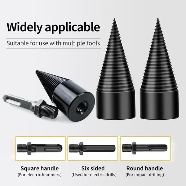 4 pcs Log Splitter, Firewood Drill Wood Splitter 32mm, 3 Handles Round+Square+Hexagonal, Removable Firewood Splitter Electric Drill Bits