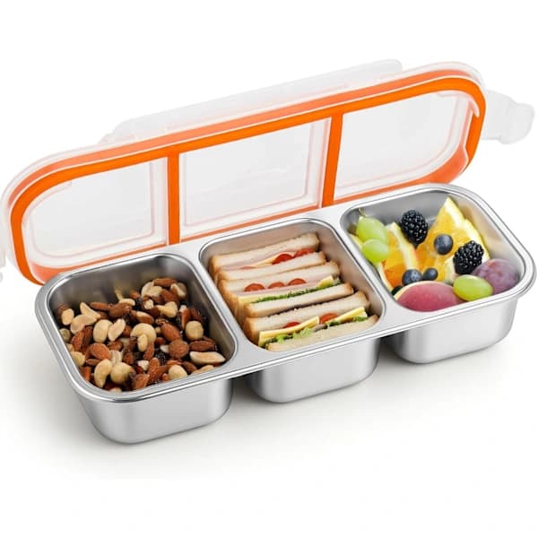 Stainless Steel Lunch Box with 3 Compartments, Leak-Proof, Reusable Food Container for School, Work, or Picnic, 600 ml
