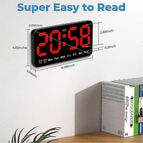 Digital Väggklocka, 9 tum LED Digital Klockdisplay Med 12/24h, Stora Siffror, Tyst Liten Väggklocka (röd)[hsf]