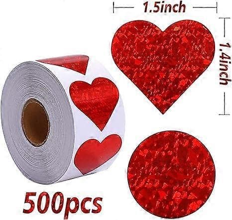 Glitter Red Heart Stickers for Valentine's Day - 1.5\" Decorative Heart Labels 500 per Roll