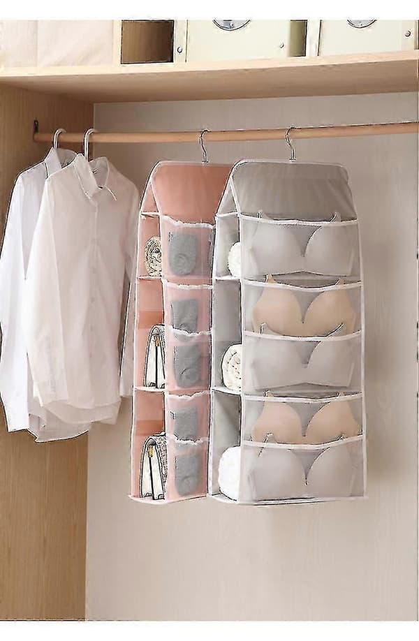 Wardrobe Hanging Organizer with Mesh Pockets and Rotating Metal Hanger, Space-Saving Bag (Grey, 30 Compartments)