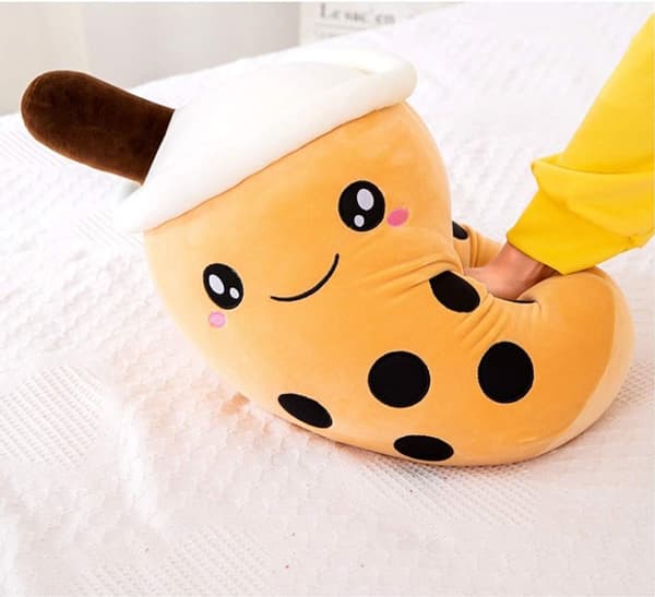 Fluffy Plush Pillow (Brown Smiling, M 13.8\"), Creative Bubble Milk