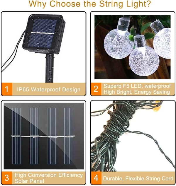 Utendørs solcellelys, 6,5 m, 30 LED, vanntette