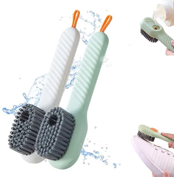 2x Scrub Brush with Soap Dispenser - Multifunctional Cleaning Brush for Shoes Clothes Kitchen - Compact Lightweight