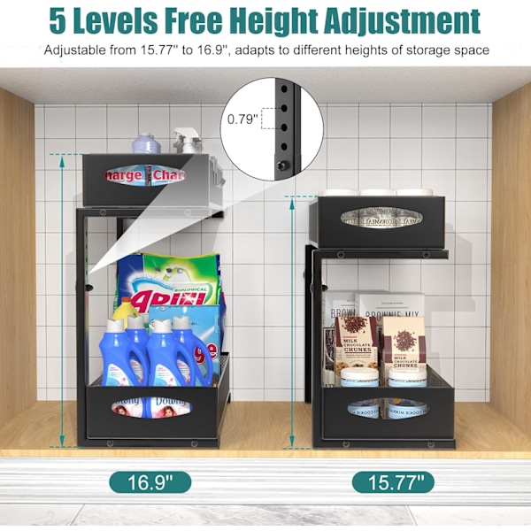 Metal Storage Under Sink, 2-Tier Pull-Out Kitchen Shelf Under Sink with Adjustable Height, Under Sink Organizer