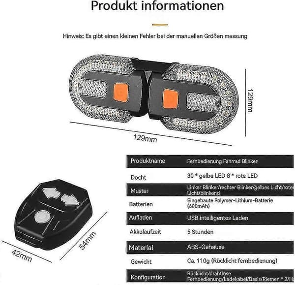 Bike Turn Signal Light with Wireless Remote Control, Two-Piece Taillight with Indicator, USB Rechargeable