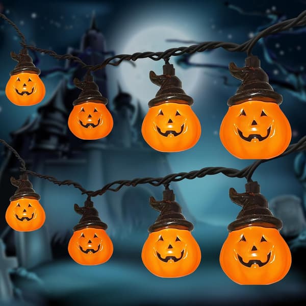 Halloween Pumpkin Hat String Lights, 2.6m Outdoor Halloween Decorations String Lights with 10 LED Jack-O'-Lantern Lights, Connectable Pumpkin with Hood