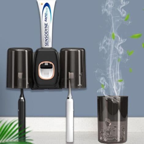 Wall-mounted Toothpaste Dispenser with Toothbrush Holder - 2 Mouthwash Cups - ABS Material - Drill-free Installation