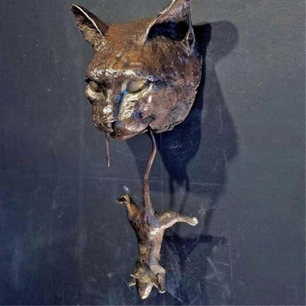 Cat and Mouse Wall Hanging Door Knocker Sculpture Brown Cast Front Door Decor Handmade