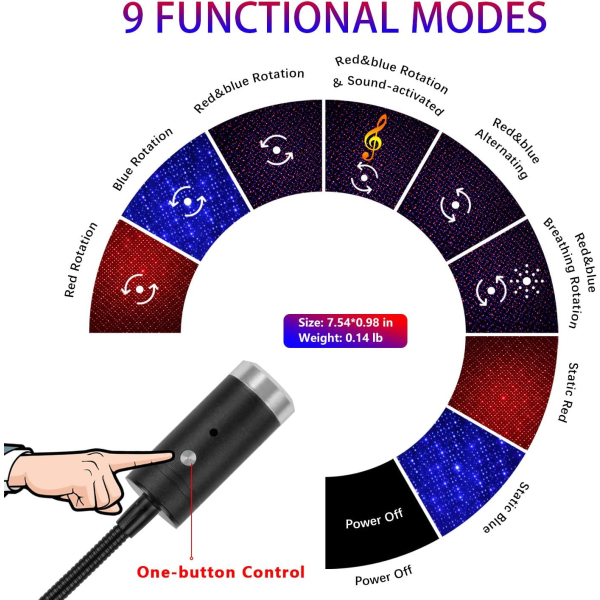 (Punainen ja sininen) USB Star -projektori yövalo, 3 väriä, 9 valaistustilaa, mukaan lukien musiikin ohjaus ja automaattinen kierto, säädettävä romanttinen auton katto