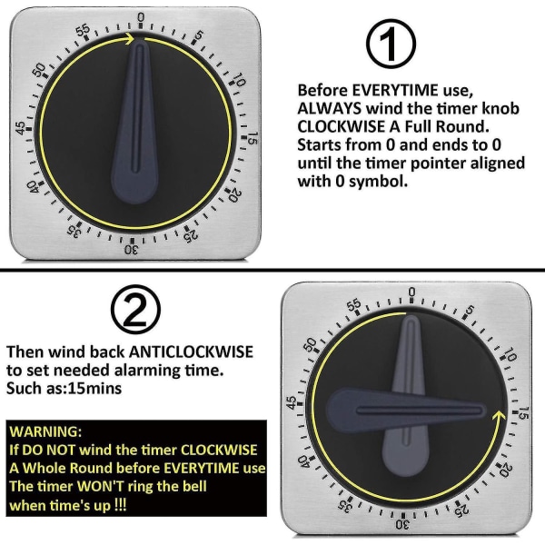 60 Minutters Timer med 80db Alarmlyd Tidsstyring R Rustfrit Stål Urværk R
