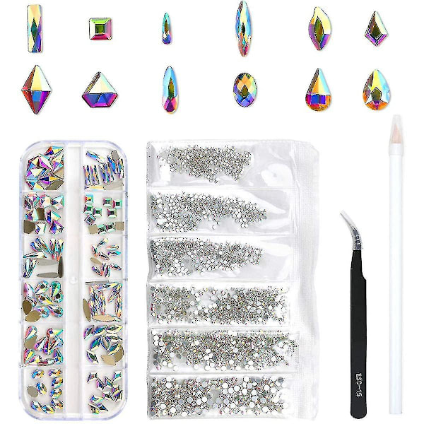120 stk. Glaskrystal AB Rhinestones i forskellige former til neglekunst og håndværk, Mix af 12 stilarter Flatback Krystaller 3D Dekorationer Flat Back Stene Ædelstene Sæt