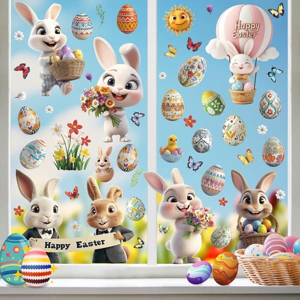 Easter Window Stickers 106 pcs 3D Rabbit and Egg Static Clings for Home, School, Office, Party Decorations