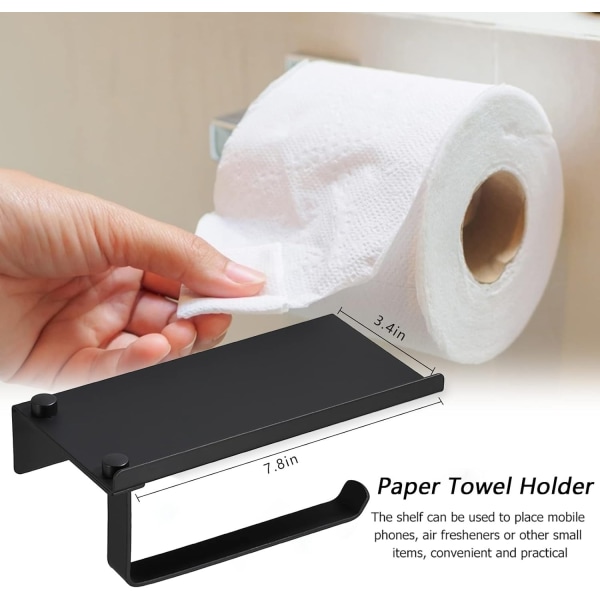 Musta paperipyyhepidike hyllyllä - itseliimautuva tai porattava, wc-paperipidike Paperirullapidike kylpyhuoneen keittiön järjestämiseen ja säilytykseen