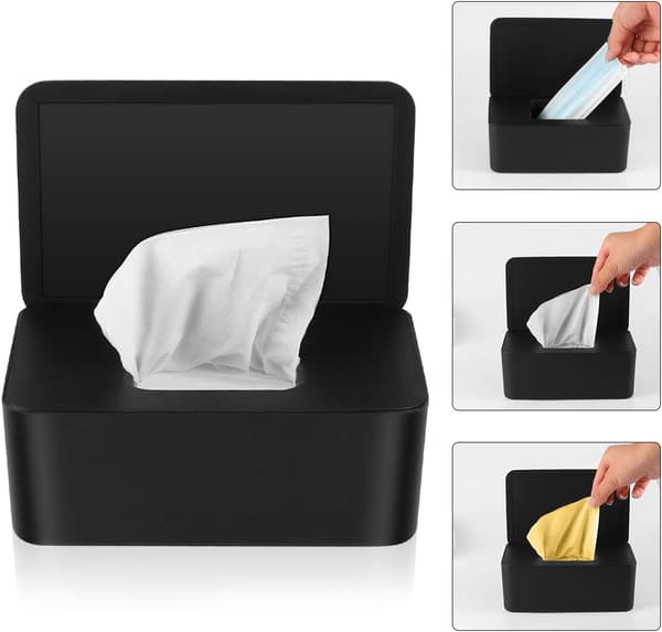 Wet Wipe Box Tissue Box Wet Wipe Box Dustproof Wet Wipe Storage Box Home Office with Lid, Black