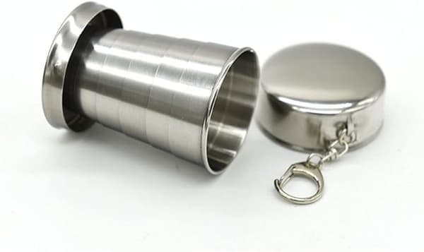 Sammenklappelig krus i rustfrit stål med låg & nøglering - 75ml/2.5oz Genanvendelig til camping, vandring, udendørs | 2-pak