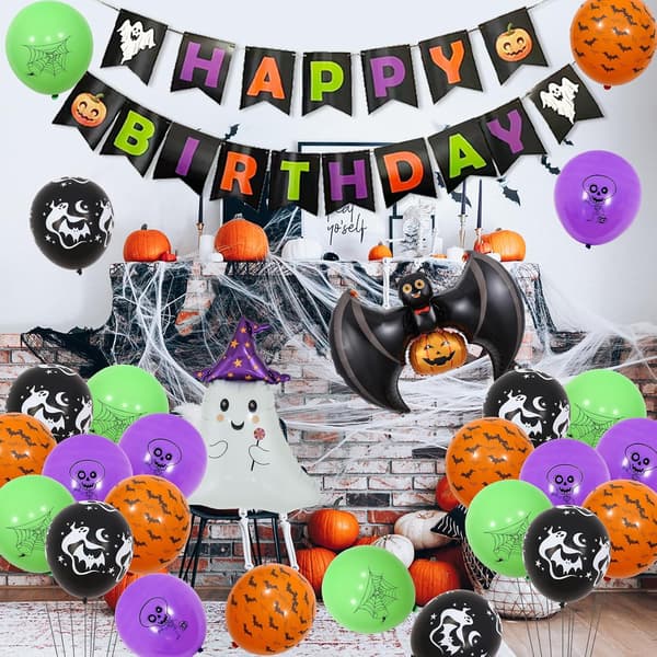Halloween Birthday Decorations for Kids - Printed Balloons, Banner