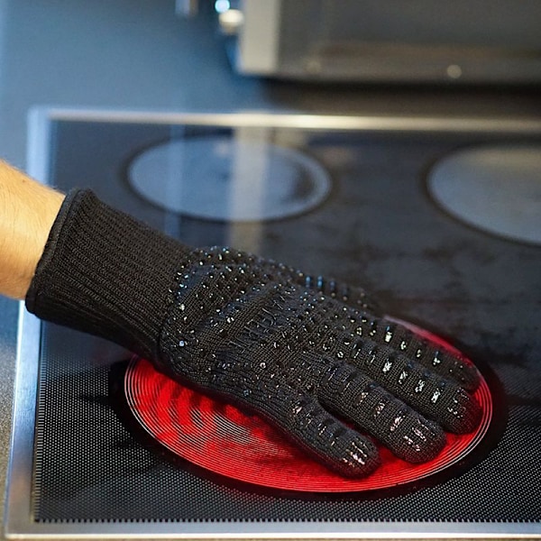 Rött par grillhandskar, ugnhandskar värmetåliga upp till 800°C, universella halkfria värmetåliga ugnhandskar