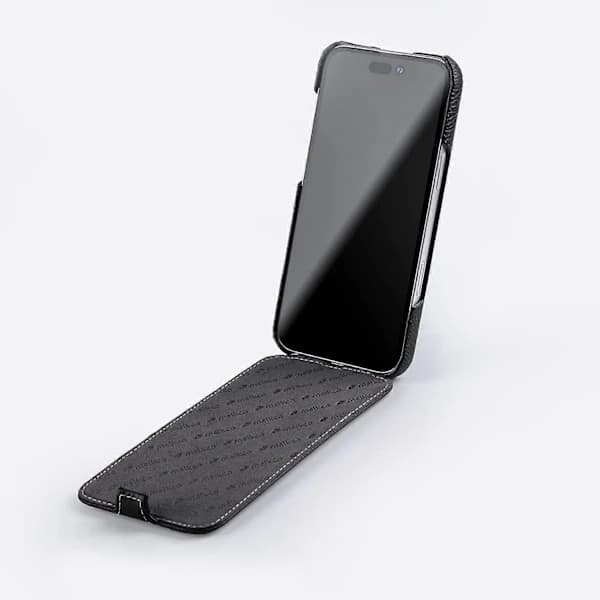 MELKCO Magnetic Case for iPhone 16 Pro Vertical Flip Genuine Leather+PC Shockproof Cover - Multicolor Black