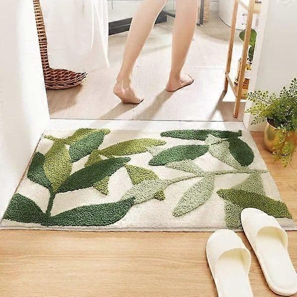 Badeværelsesmåtte 45 x 65 cm, grønt bladmønster, skridsikker absorberende badekar måtte