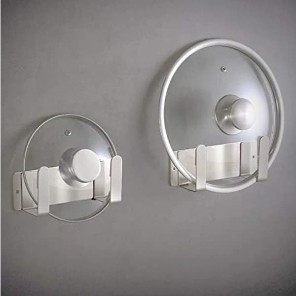 Lid Holder, 304 Stainless Steel Pot Lid Organizer Shelf Wall Mounted Self-Adhesive (Silver, 2-pack)