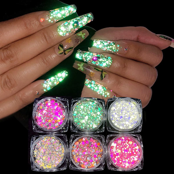 Glow in the Dark Glitter, 6 färger lysande iriserande chunky glitter, kosmetiskt hantverksglitterset för epoxiharts, kropp, ansikte, naglar