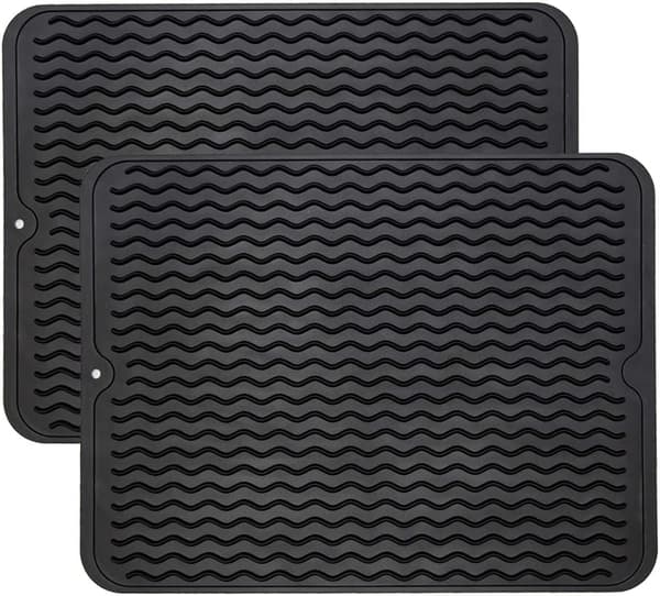 Two-piece silicone dish drying mat for kitchen counter, easy-to-clean multifunctional drying mat, large 30 x 40 cm, black