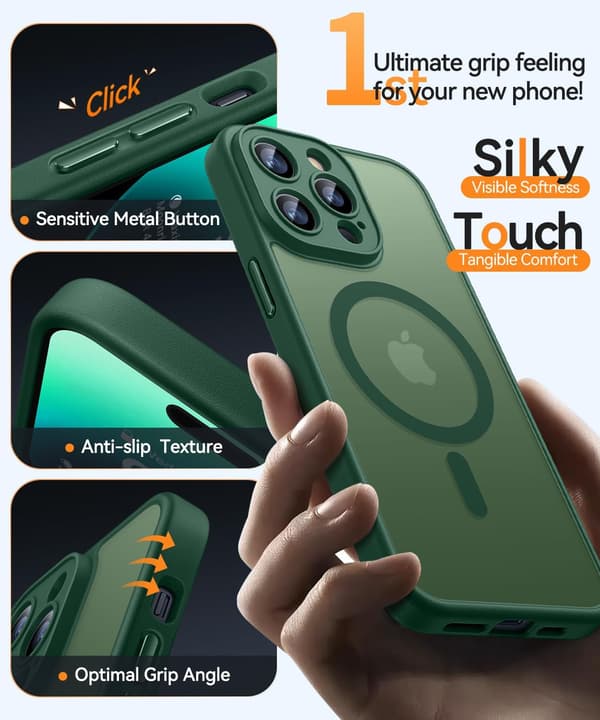 Magnetic Case for iPhone 14 Pro - Camera Protection, MagSafe Compatible, Translucent Matte Finish (Green)