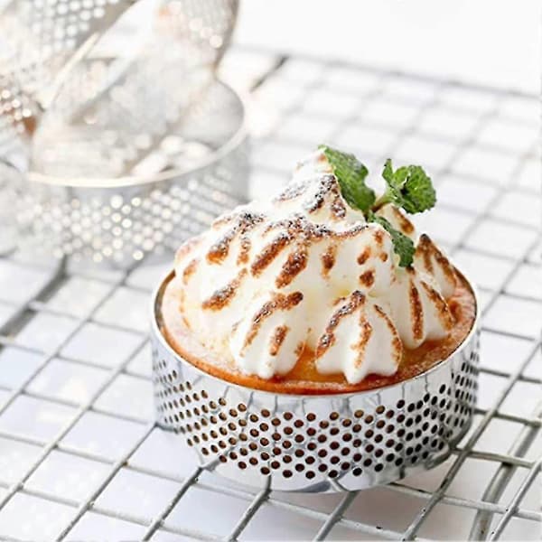 8 stk. kageringe i rustfrit stål, varmebestandig perforeret kagemousseform, rund dobbeltvalset kage