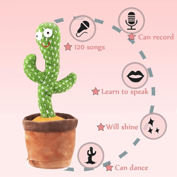 Dancing Cactus Toy,Talking Toy,Wrygle Singing Mimicking Cactus,Repeat What You Say,Sunny The Cactus Toy,Sing,Repeat,Dance,Innspilling,LED(120 Songs)