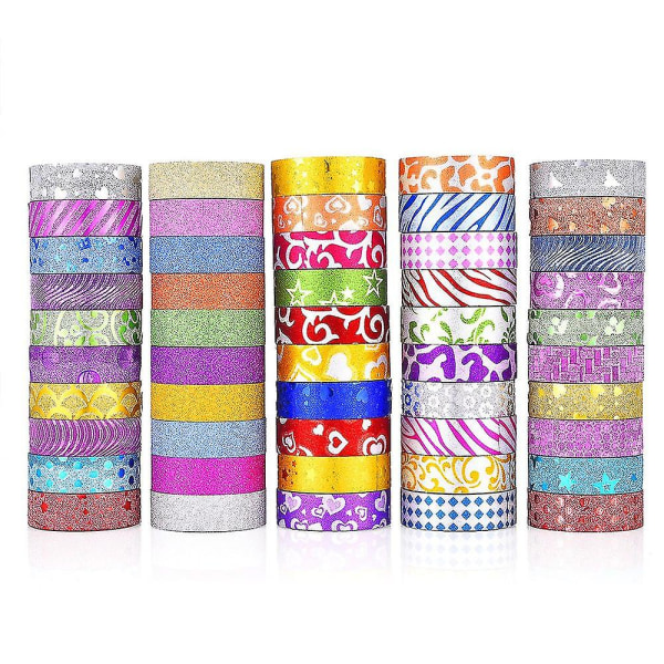 50 ruller Glitter Washi-tapesæt, dekorativt selvklæbende maskeringstape kompatibel med håndværk, scrapbogsartikler