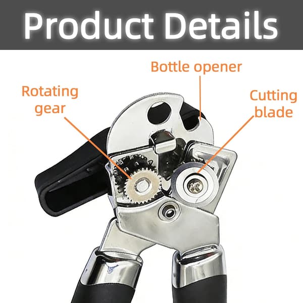Heavy Duty Manual Can Opener with Built-in Bottle Opener - Ergonomic Extended Handles, Sharp Blade for Smooth Edges, Multifunctional Black