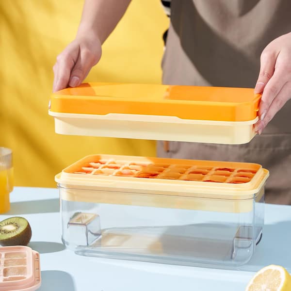 Isbitsform - med lock och soptunna, med isskopa, isbits Pop-Up form, isbitsformar, BPA-fri, 64-delars isbitsformsset (Orange)
