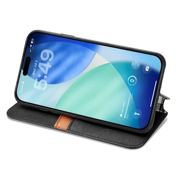 iPhone 17 Etui Læderetui med Kubisk Ternmønster og Magnetisk Lukning Sort