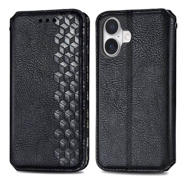 iPhone 17 Etui Læderetui med Kubisk Ternmønster og Magnetisk Lukning Sort