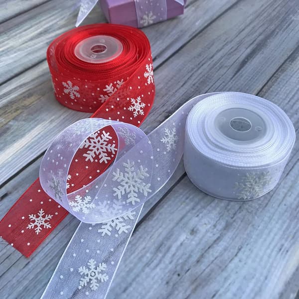2 rullar snöflinga organza band, 2,5 cm x 10 m spole för julgran, present