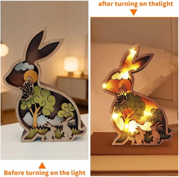 wxsp Dekorative træfigurer med LED-lys, 3D påskehare påskepynt med LED, oplyst påskepynt, dyr, træskulptur,