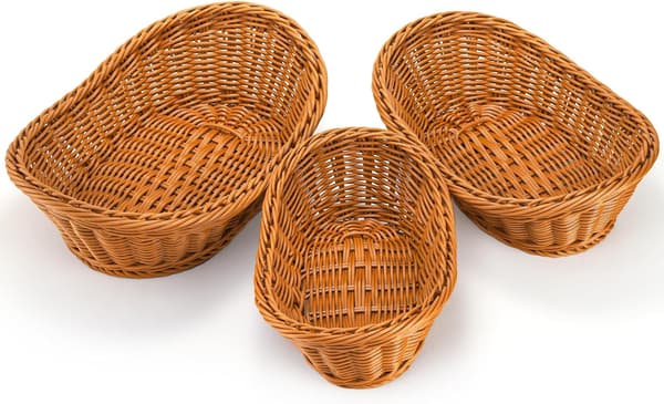 3-pack Poly-Wicker Vävda Brödserveringskorgar, Stapelbara Imitation Rattan Fruktkorgar för Matvisning, Grönsaker - 3 Storlekar