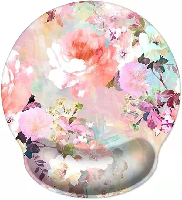 Ergonomisk musematte med håndleddsstøtte, blomstermusematte med håndleddsstøtte i minneskum, laptopdekorasjon, rosa blomster