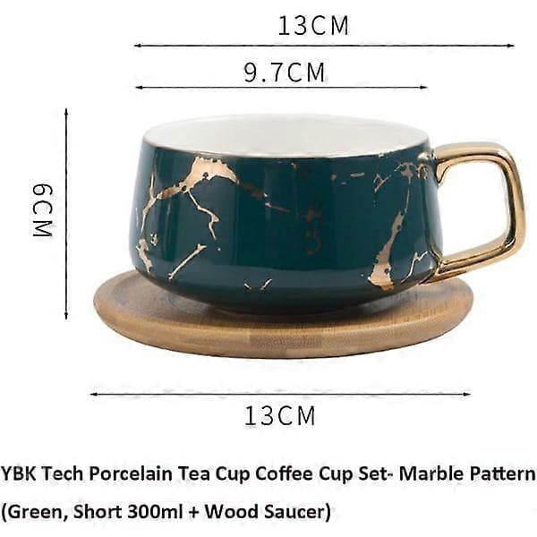 Porcelæn Tekop & Underkop Sæt til Afternoon Tea - Marmormønster (Sort, Kort 300ml + Træunderkop)