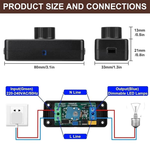 Adjustable LED Dimmer 220V Light Switch Lighting Control 220V-240V 100W Wall Mounted Push Button Dimmer Switch Controller 80*33*35MM