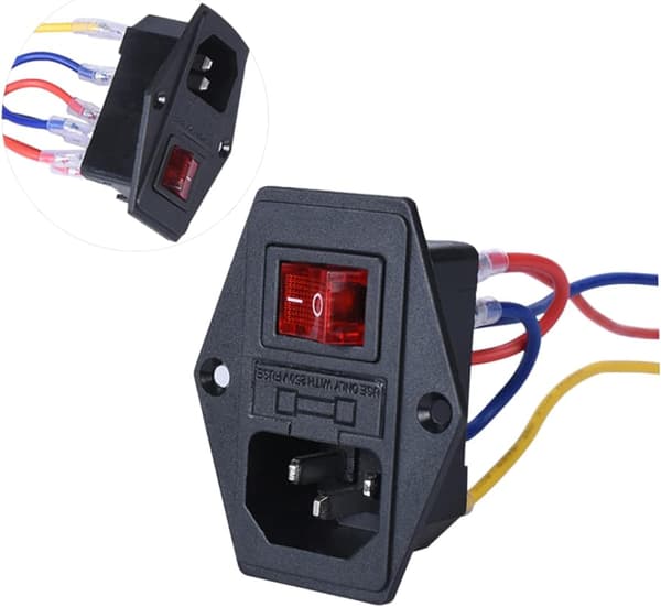15A Power Socket Rocker Switch Module with Fuse for Printer Black Socket with Power Cable and Safety