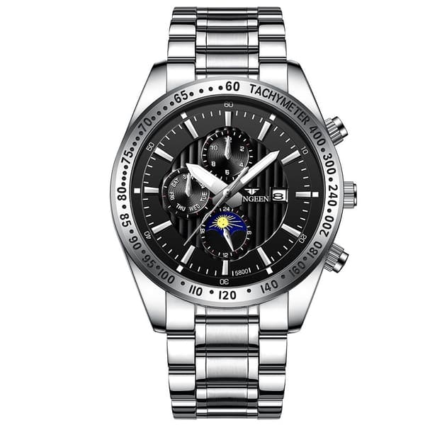 Waterproof Wristwatch - Silver Bracelet with Black Background and Silver Bezel
