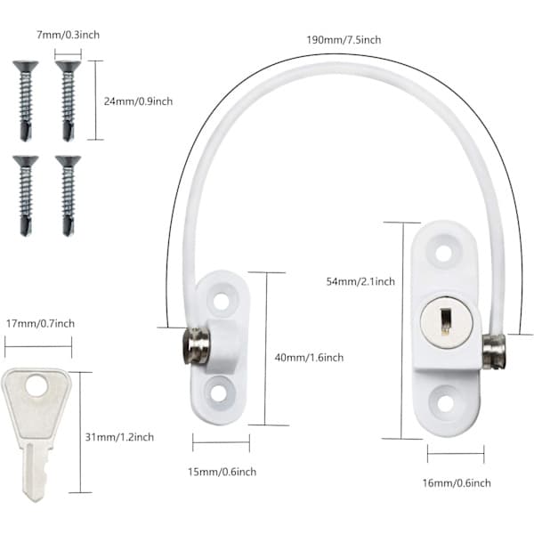 Window and Door Cable Lock - 2-pack, White, with key