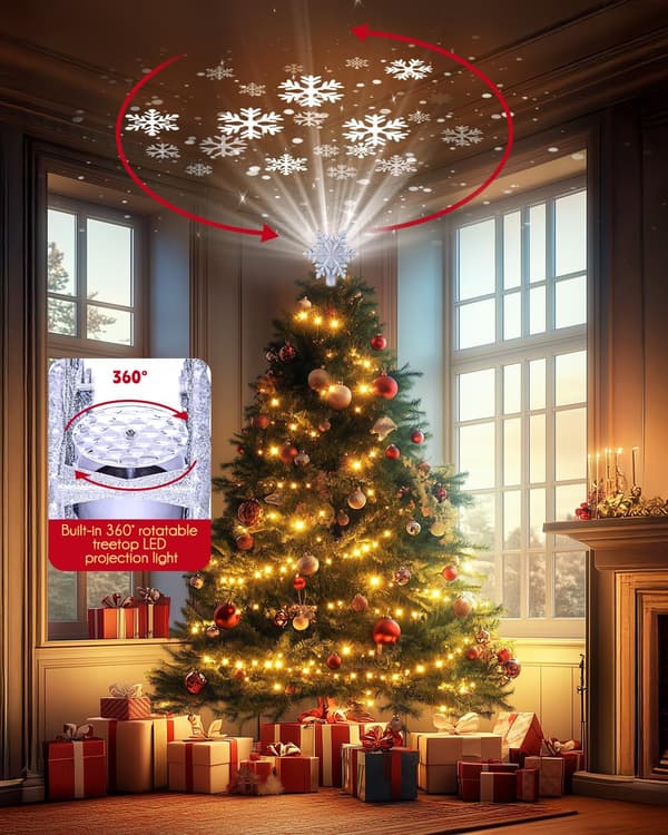 Christmas Tree Topper with Built-in LED Rotating Snowflake Projector Light, 9.6” Hollow Silver Sequin Christmas Tree Star for Indoor Use