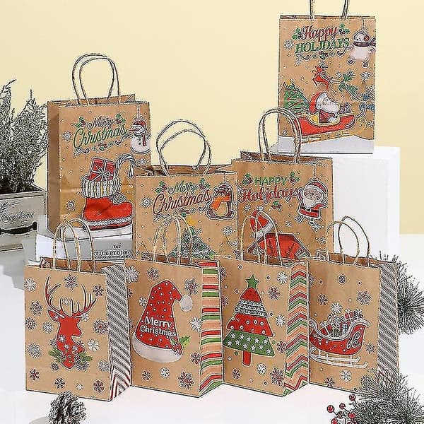 24-pack julklappspåsar i kraftpapper, 4 olika stilar, papperspåsar med handtag, julklapp