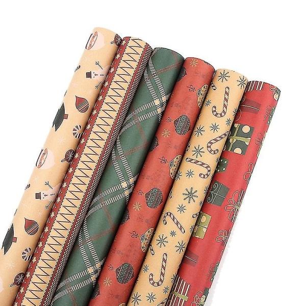 Julklappspapper 6 st, Kraftpapper 70x50cm med 6 Unika Mönster, med Jutesnöre och